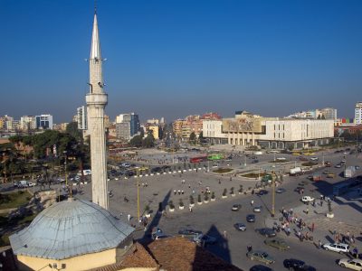 ALBANIA_-_Skanderbeg_Square_with_the_Ethem_Bey_Mosque_Tirana
