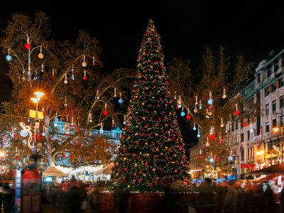 Christmas market on Vorosmarty square in the evening lights - Budapest, Hungary