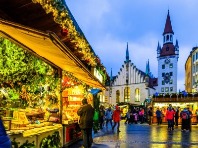MUNICH, GERMANY - NOVEMBER 29: people and sales booth at the christmas market on November 29, 2017 in Munich, Germany